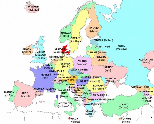Europe countries and capitals map